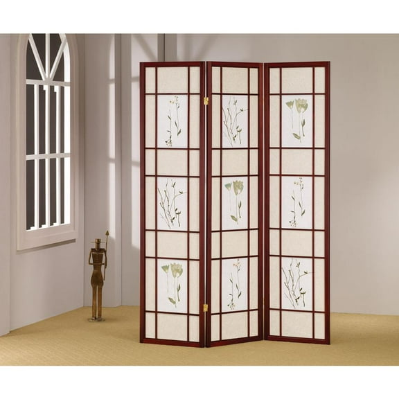 3 Panel Floral Shoji Screen, Rosewood Frame Room Divider