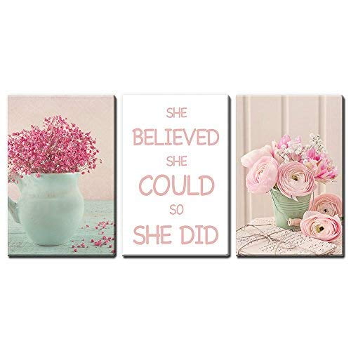 3 Panel Flowers in Vase with She Believed She Could So She Did Quotes Gallery 24 x36 x 3 Panels