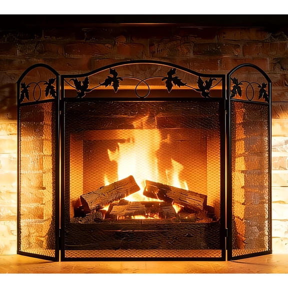 3-Panel Foldable Black Steel Fireplace Screen Spark Guard Fence,Leaf Design Screen Metal Decorative Mesh Cover