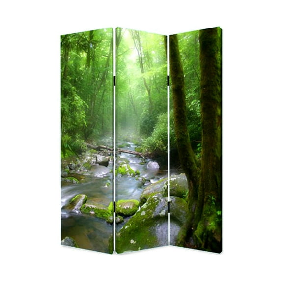 3 Panel Foldable Canvas Screen with Rainforest Print, Green- Saltoro Sherpi