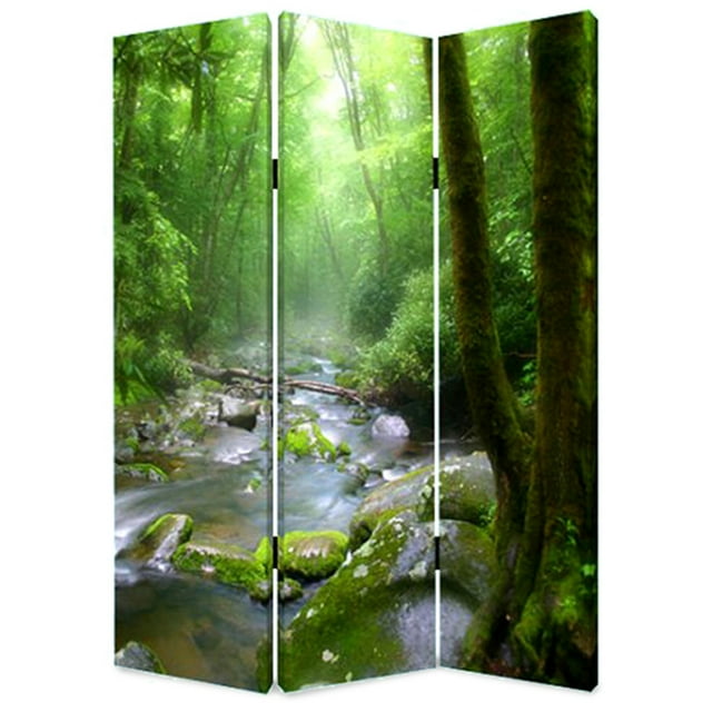 3 Panel Foldable Canvas Screen with Rainforest Print in Green