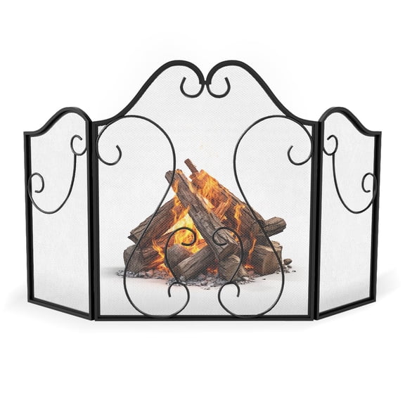 3-Panel Foldable Fireplace Screen with Scroll Design, Standard Black Metal