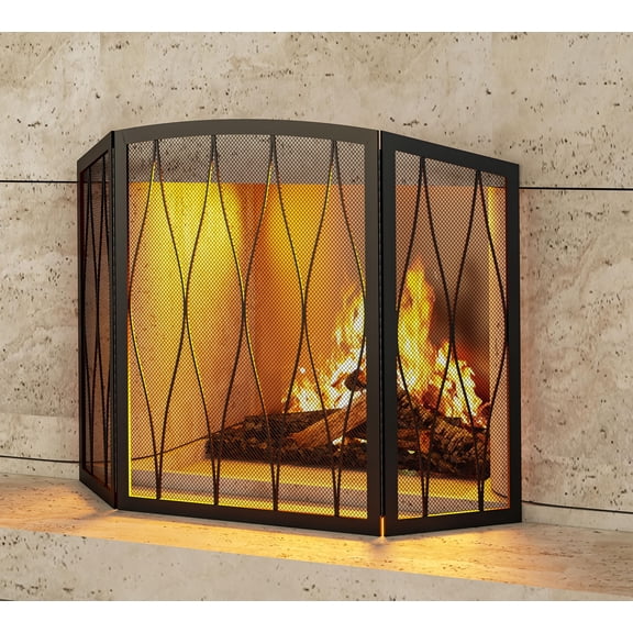 3-Panel Foldable Fireplace Screen with Wrought Iron Mesh, Modern