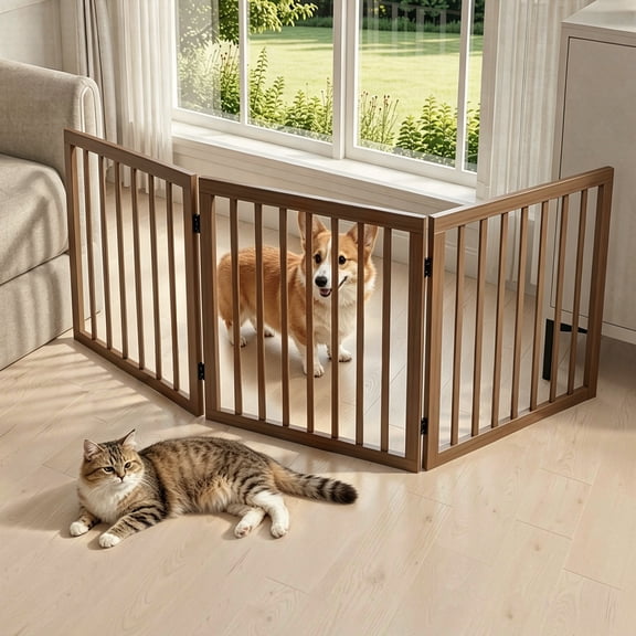 3-Panel Foldable Freestanding Wooden Dog Gate-Indoor Short Puppy Fence for Doorway