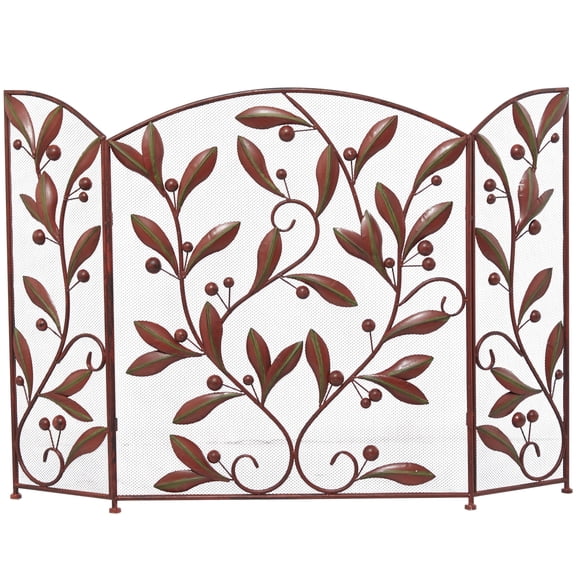 3-Panel Foldable Metal Fireplace Screen with Red Leaf Motif, 29 x 40