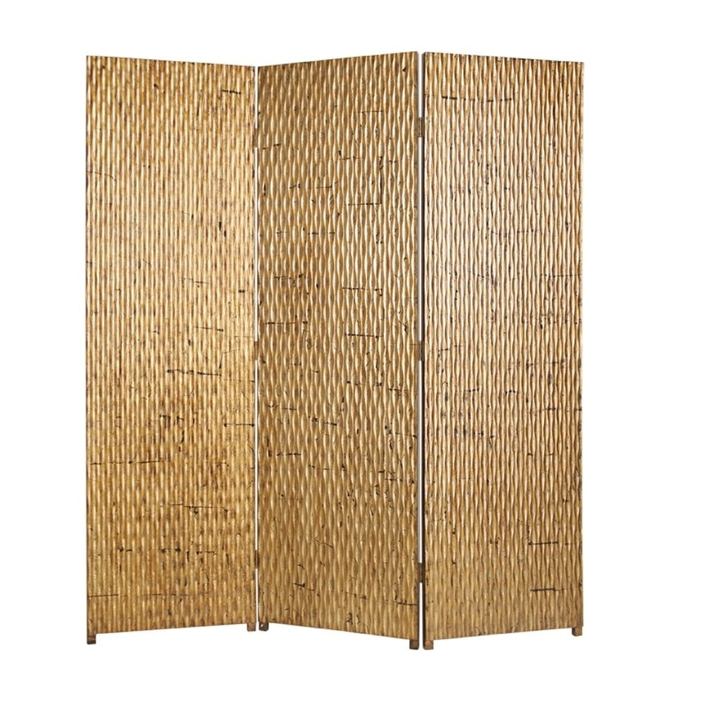 3 Panel Foldable Room Divider with Patterned Wood Panelling, Gold ...