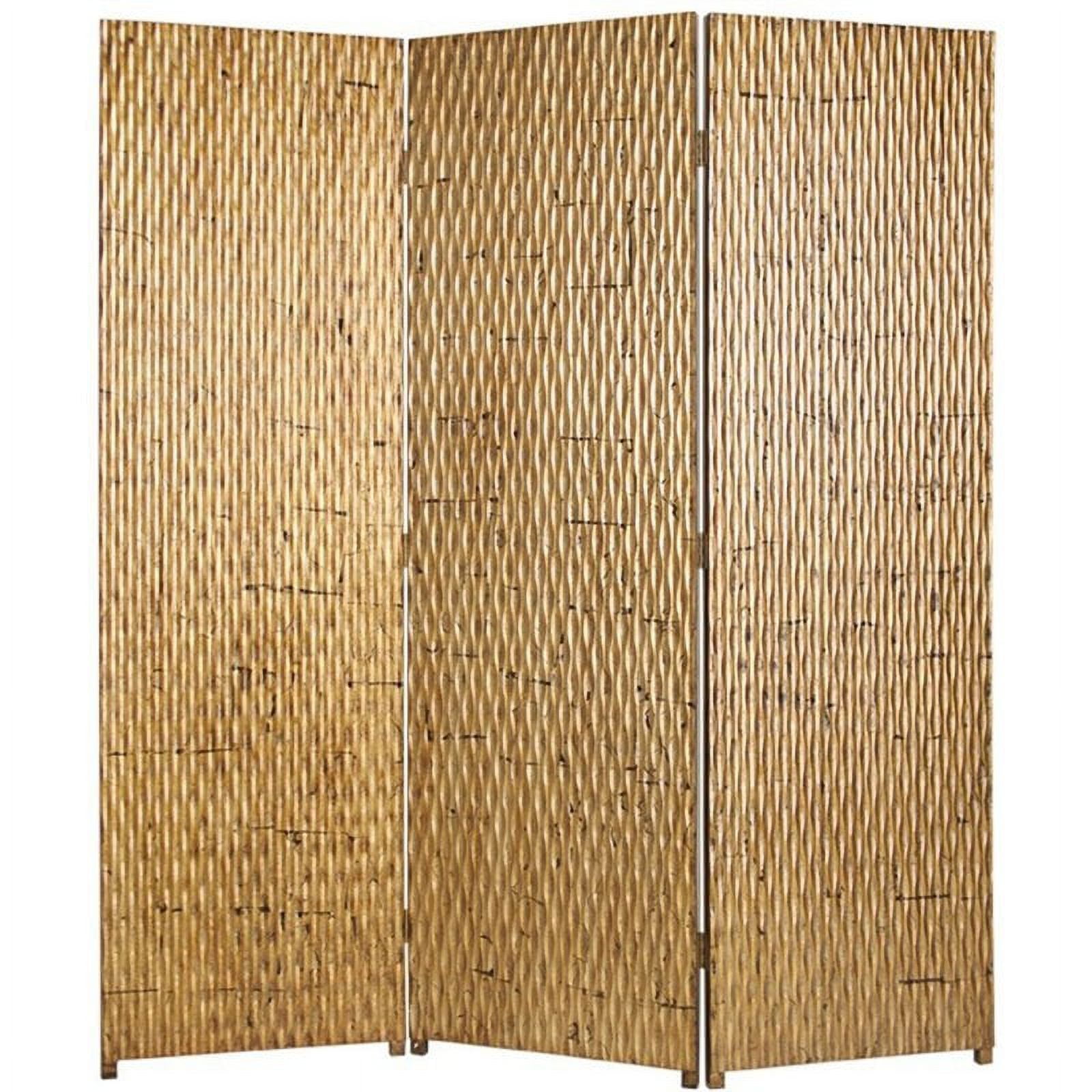 3 Panel Foldable Room Divider with Patterned Wood Panelling in Gold ...