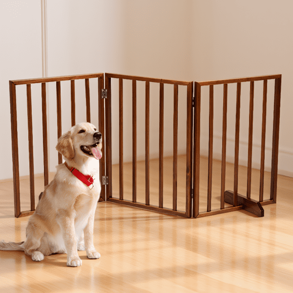 3-Panel Foldable Wood Pet Gate 24 Inch with Floor Pads, Freestanding Dog and Cat Barrier, Brown