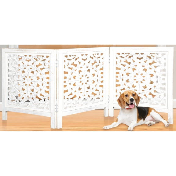 Wooden Town Wooden 3 Panel Freestanding Foldable Dog Gate Portable Indoor Pet Gate Easy Setup White 24 x 60 inch