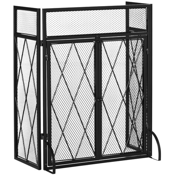 Fireplace Accessories 3-Panel Folding Fireplace Screen for Wood Burning with Double Doors, Home Heavy Duty Steel Fire Spark Guard, 47.25" x 31", Black,Living Room Fireplace