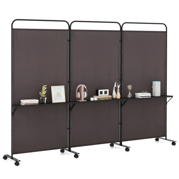3-Panel Folding Privacy Screen Room Divider Brown | Heavy-Duty Metal Frame & Shelves | 6ft Portable Partition with Lockable Wheels for Office, Bedroom