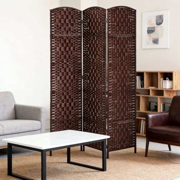 3-Panel Folding Privacy Screen Room Divider Wicker Woven Arched Top Poplar Wood Frame Paper Rope Freestanding Partition Brown