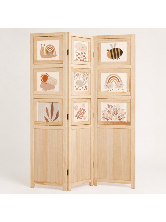 3 Panel Folding Privacy Screen Room Divider with 9 Swivel Paulownia Wood Picture Frames, Freestanding Photo Display Partition, Natural