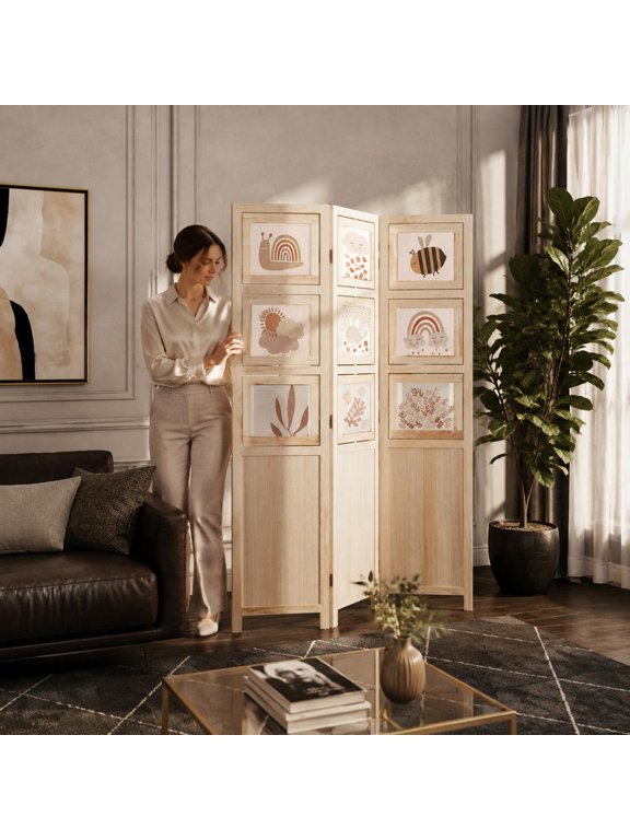 3 Panel Folding Privacy Screen Room Divider with 9 Swivel Paulownia Wood Picture Frames, Freestanding Photo Display Partition, Natural