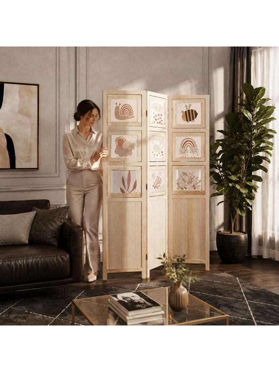 3 Panel Folding Privacy Screen, with 9 Swivel Paulownia Wood Picture Frames, Freestanding Photo Display Partition, Natural