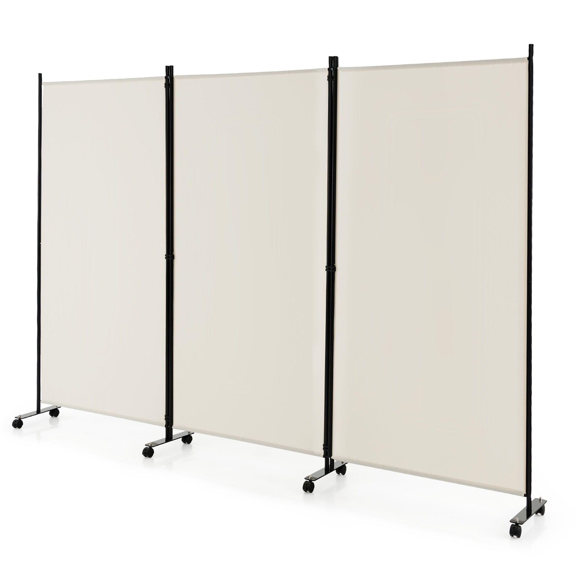 White 3-Panel Folding Room Divider with Lockable Wheels
