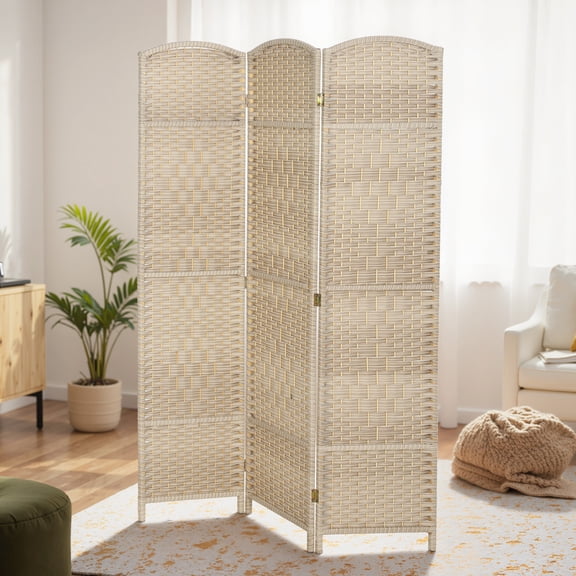 3-Panel Folding Room Divider, Washed Oak Weave Pattern Arch Top Privacy Screen with Pine Wood Frame, No Assembly Required for Home Decor