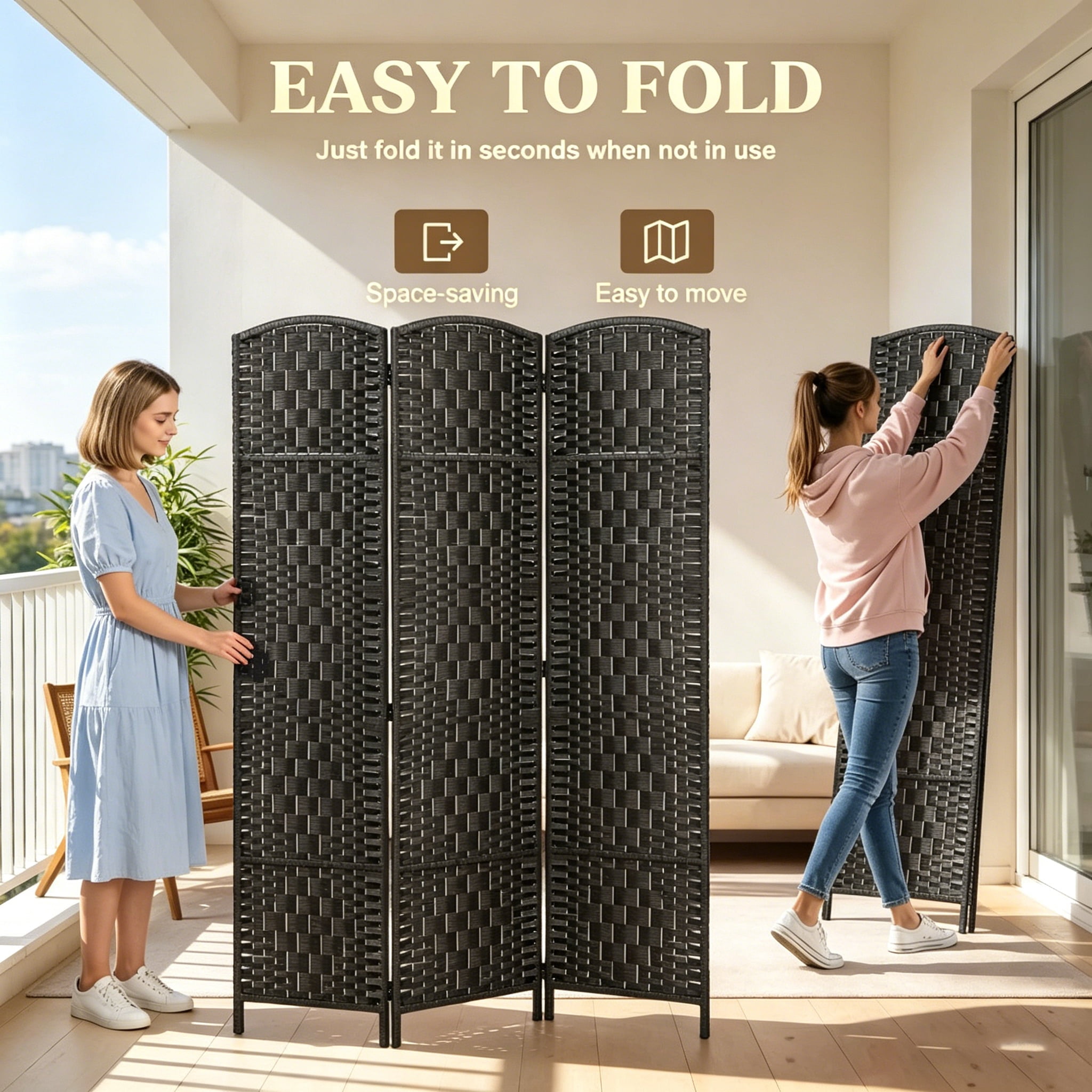 3-Panel Folding Room Divider, Wicker Woven Privacy Screen with Arched Top, Solid Poplar Wood Frame, Lightweight Portable Partition for Home Decor, Coffee