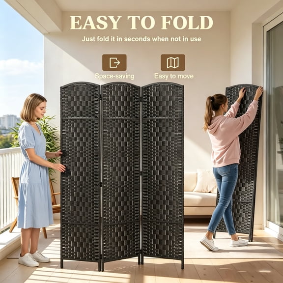 3-Panel Folding Room Divider, Wicker Woven Privacy Screen with Arched Top, Solid Poplar Wood Frame, Lightweight Portable Partition for Home Decor, Coffee