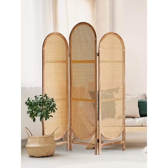 3-Panel Folding Room Divider with Wooden Frame and Natural Rattan Weave, Pre-Assembled Privacy Screen for Bedroom, Living Room, or Balcony