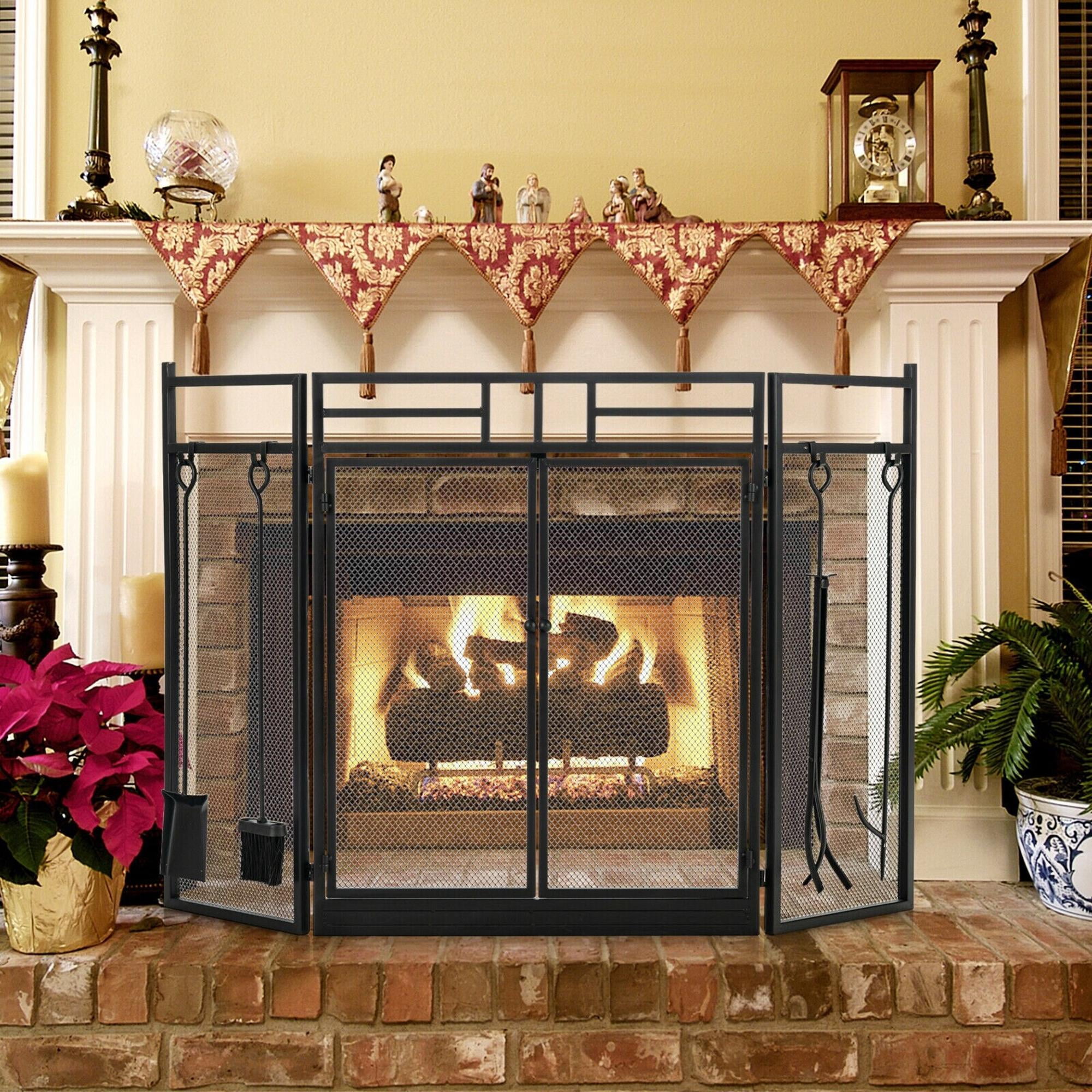 3-Panel Folding Wrought Iron Fireplace Screen with Doors and 4-Piece ...