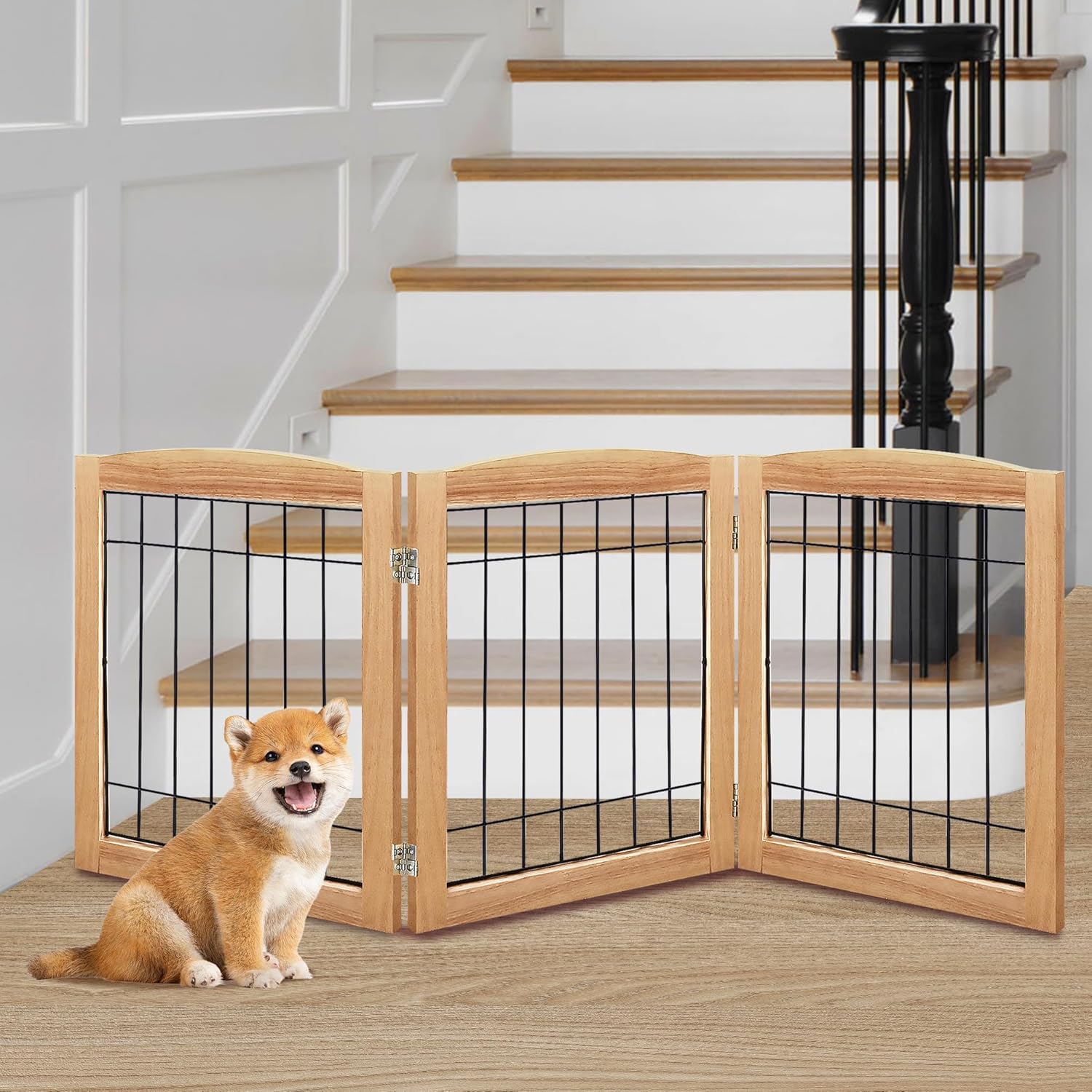 Picture of 3-Panel Freestanding Foldable Wooden Dog Gate –Solid Wood & Steel Wire ...