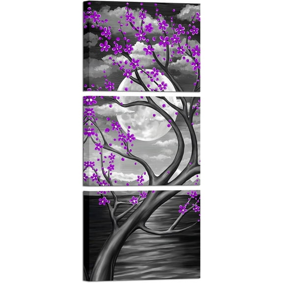 3 Panel Full Moon Flower Canvas Painting Wall Art Teal Floral with Tree Branches Picture Wall Decor Landscape Modern Painting Canvas Prints Artwork (Green)(only canvas)