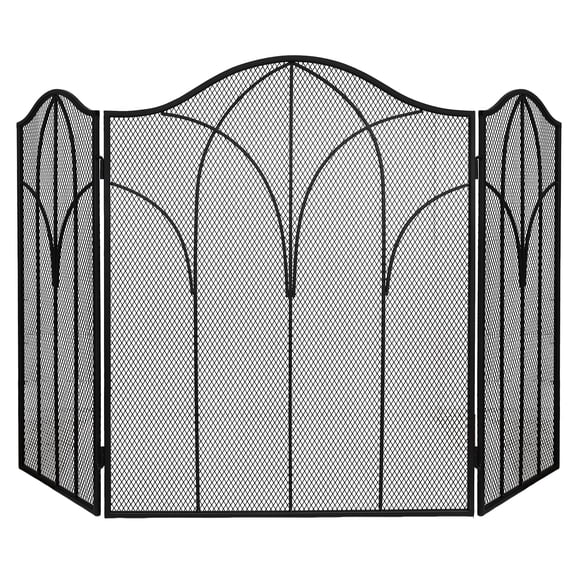 3-Panel Gothic Arch Fireplace Screen, 48 x 30, Wrought Iron Mesh