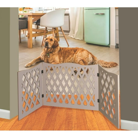 3 Panel Gray Wood Diamond Design Pet Gate - Durable Lightweight Extra Wide Wooden Expandable & Folding Home / Indoor / Outdoor 48" W x 19" H Dog Safety Fence