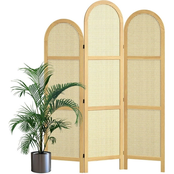 3-Panel Hand-Woven Rattan Room Divider, Tall Foldable Privacy Screen with Wooden Frame - Freestanding Portable Partition for Home Office, Bedroom, Bathroom(Natural-Wave)