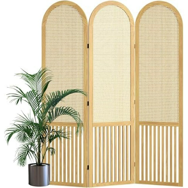 3Panel HandWoven Rattan Room Divider, Tall Foldable Privacy Screen