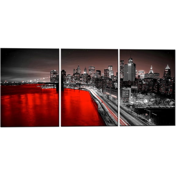 3 Panel New York City Wall Art Canvas Brooklyn Bridge Night View Picture Print Modern Black and Red City Poster Painting for Home Office Bedroom Decoration (Red, Small)