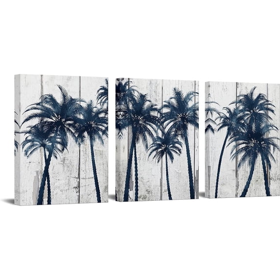 3 Panel Palm Tree Wall Art Rustic Navy Tropical Tree Painting on Canvas White Wood Background Giclee Artwork for Home Office Wall Decor 12"x16" for Each