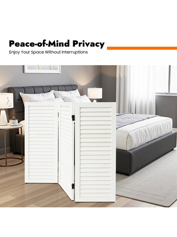 3 Panel Paulownia Wood Folding Room Divider, White Freestanding Shutter Privacy Screen 35.4*1*31.9in Short Partition Screen, Indoor Decor for Home & Office