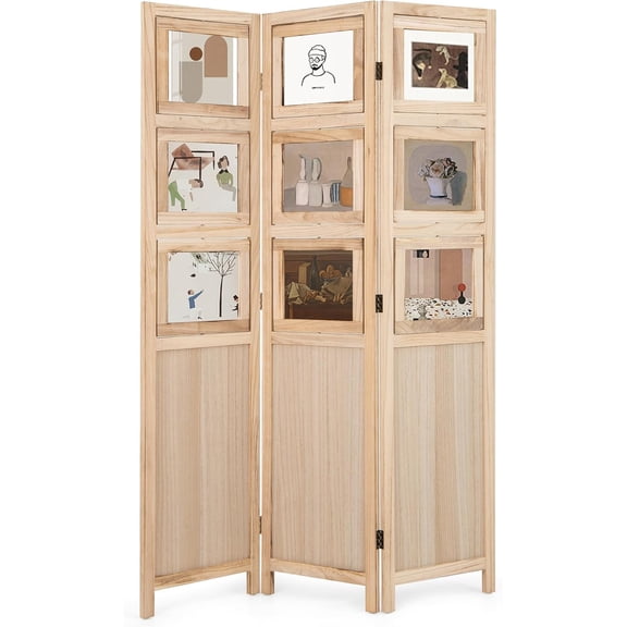 3 Panel Photo Room Divider, 5.6FT Folding Privacy Screens with 9 Reversible Photo Frames, Freestanding Partition Wall Divider for Home Office Room Separation, Natural