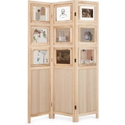3 Panel Photo Room Divider, 5.6FT Folding Privacy Screens with 9 Reversible Photo Frames, Freestanding Partition Wall Divider for Home Office Room Separation, Natural