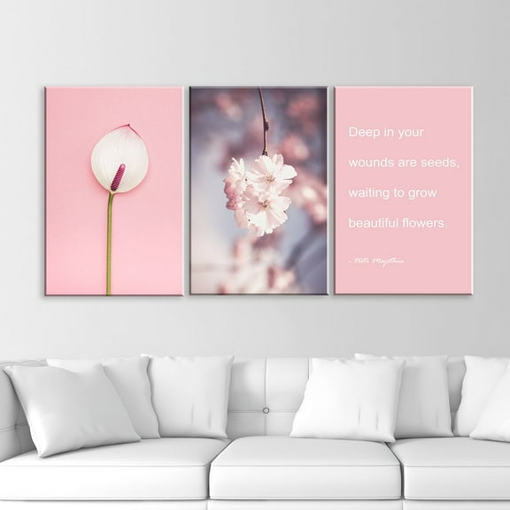 3 Panel Pink Flowers and Inspirational Quotes Gallery 16 x24 x 3 Panels