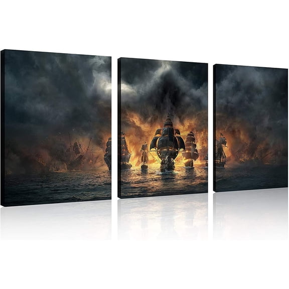 3 Panel Pirate Ship Decor Canvas Print, Ready to Hang 12"x16" Pirate Canvas Pirate Canvas Art Pirate Pictures for Home Decor Saioat Wall Art Seascape The Pictures for Home Decor Decoration