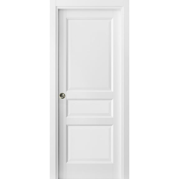 3 Panel Pocket Door | Lucia 31 White Silk | Kit Trims Rail Hardware | Solid Wood Interior Pantry Kitchen Bedroom Sliding Closet Sturdy Doors-42" x 84"