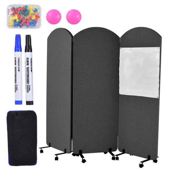 3-Panel Portable Office Partition with Wheels, 72x66 Inch Mobile Soundproof Divider Wall, Portable Acoustic Room Separator for Cubicle and Classroom Use, Dark Gray