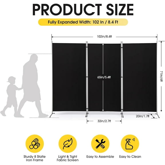 3 Panel Privacy Screen, 6 Ft Tall Folding Room Divider, Freestanding Wall Partition, Black