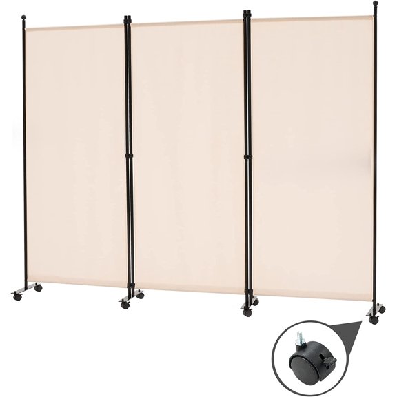3 Panel Rolling Room Divider, Folding Partition Privacy Screens, Freestanding Fabric Room Panel, Portable Folding Wall Divider for Office, Room, Restaurant, Hospital (Beige)