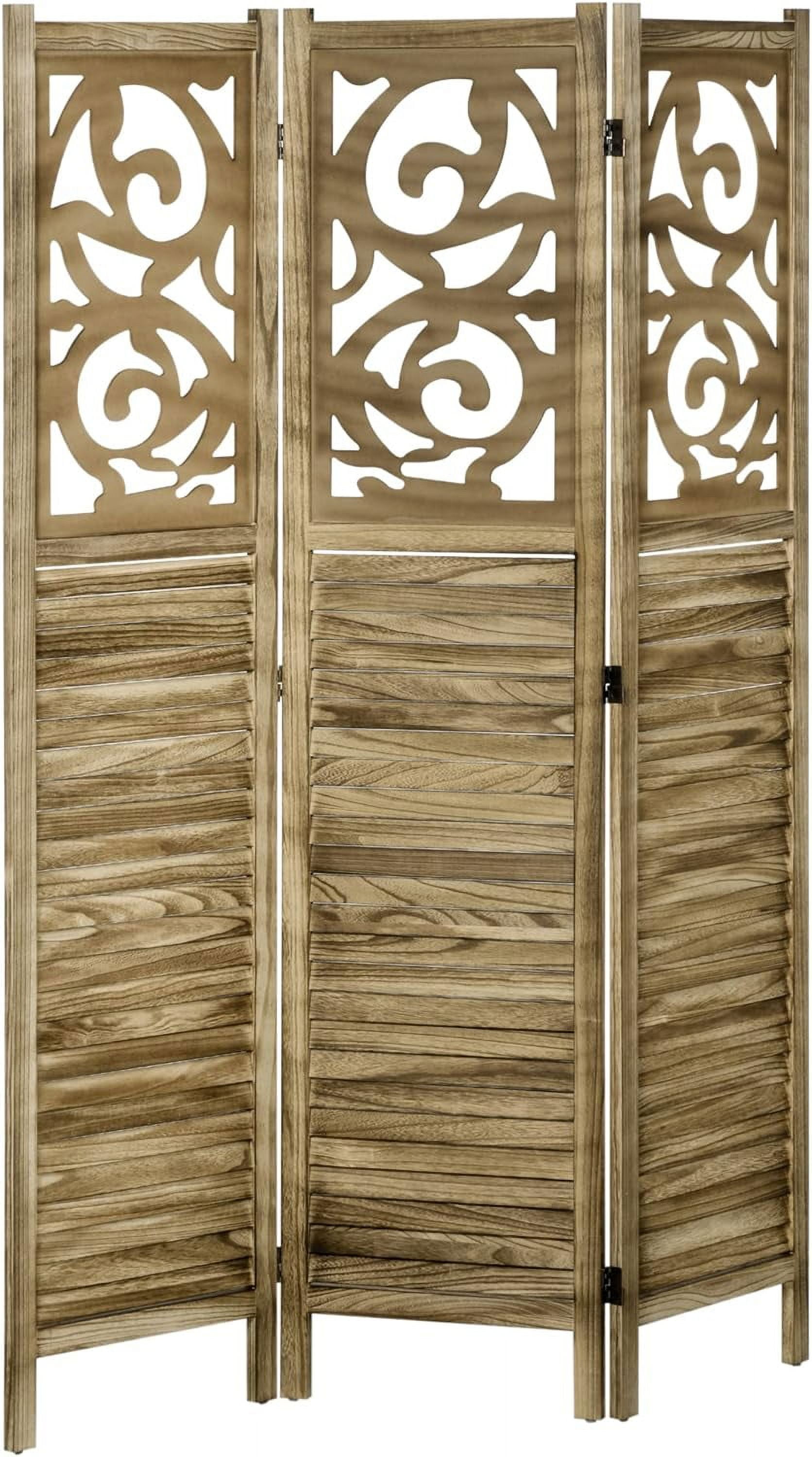 Brown Wood 3-Panel Folding Room Divider with Floral Design