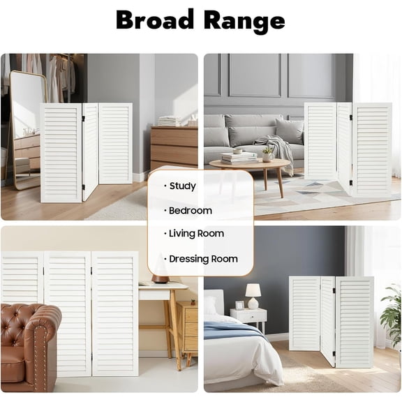 3 Panel Room Divider Screen, Wooden Privacy Screen, Short Room Divider 3ft, Shutter Folding Screens, Foldable Shutters Screen Divider, Wooden Short Screen for Dressing Room (White)