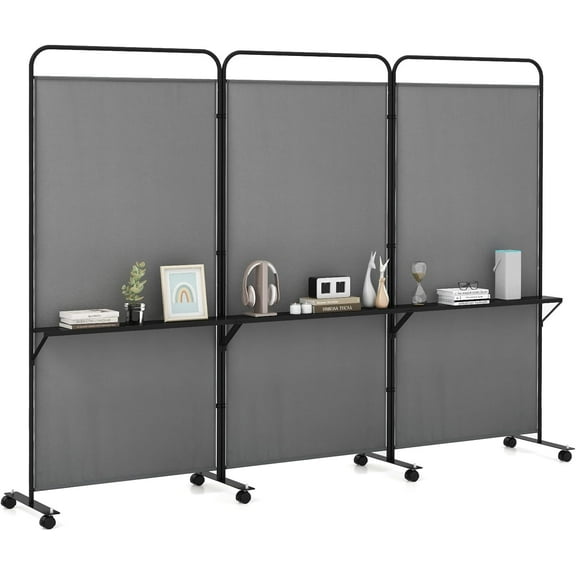 3 Panel Room Divider with Storage Shelves, 6FT Folding Privacy Screen with Lockable Wheels, Portable Rolling Wall Divider, Freestanding Partition Screen for Room Separation, Grey