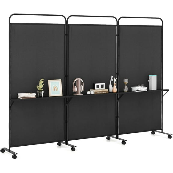 3 Panel Room Divider with Storage Shelves, 6FT Folding Privacy Screen with Lockable Wheels, Portable Rolling Wall Divider, Freestanding Partition Screen for Room Separation, Black