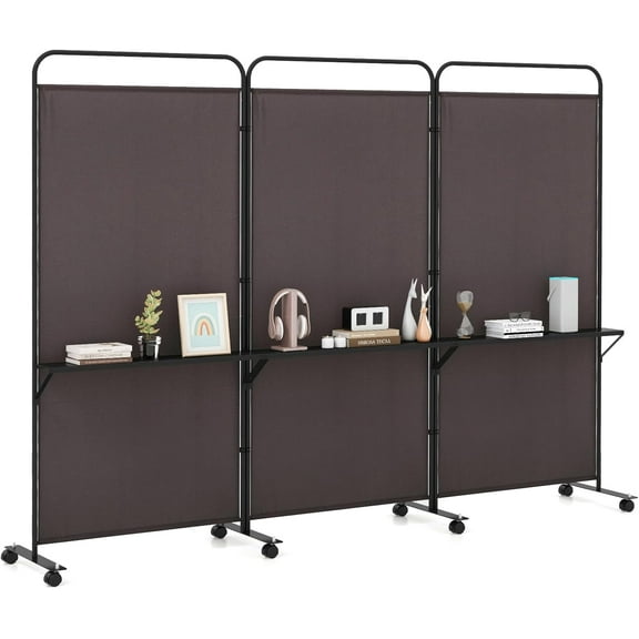 3 Panel Room Divider with Storage Shelves, 6FT Folding Privacy Screen with Lockable Wheels, Portable Rolling Wall Divider, Freestanding Partition Screen for Room Separation, Brown