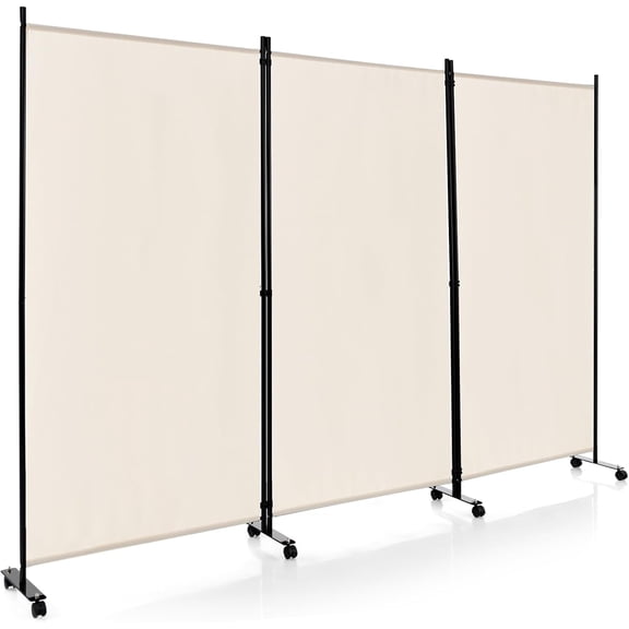 3 Panel Room Divider with Wheels, 103''W x 71''H Folding Privacy Screen, Rolling Partition Room Dividers for Home Office Studio, Freestanding Fabric Wall Divider for Room Separation, Beige