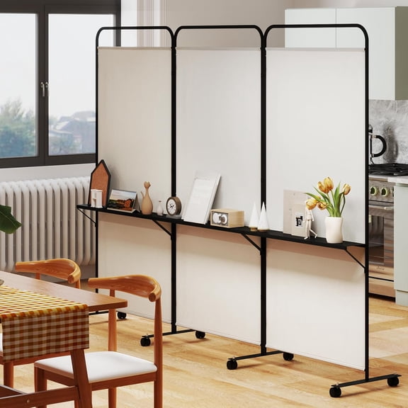 3 Panel Room Divider with Wheels and Shelves, 103" W x 74" H Folding Privacy Screen, Rolling Partition Separator for Home Office Studio, Fabric Wall Divider for Room Separation (Beige)