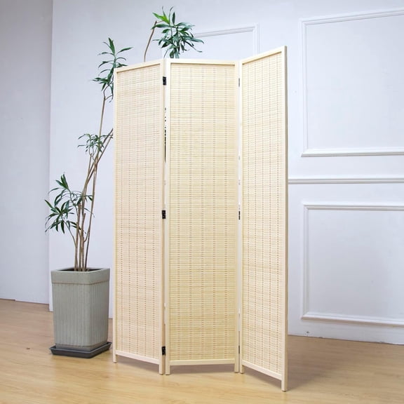 3 Panel Room Divider and Folding Panel Screen,Bamboo Panel Divider Screen for Room Separation,Beige,67" H x 46" W